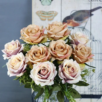 1 adet Yeni 6 Kafaları İpek Güller Yapay Çiçekler Sahte Güller Gelin Buketleri Ev Düğün Parti Dekorasyon