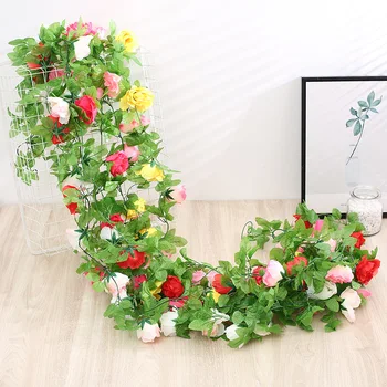 2.4 m İpek Yapay Güller Çiçekler Rattan Dize Asma Yeşil Yaprakları ile Ev Düğün Bahçe Dekorasyon için Asılı Çelenk Duvar