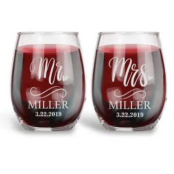 2 adet Kişiselleştirilmiş Mr. Mrs. Düğün Sapsız şarap bardakları, Düğün Hediyesi İçin Çift, Özel Adı Tarih Düğün Kızartma şarap bardakları