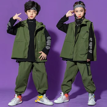 2021 Yeni Hip Hop Dans Kostümleri Çocuklar İçin Ordu Yeşil Gevşek Yelek Hiphop Pantolon Takım Elbise Sokak Dans Kıyafetleri Caz Rave Giyim DQS8658