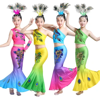 2021 Çocuklar Kızlar için Elbiseler Geleneksel Çin Giyim Tavuskuşu Dai Dans Kostümleri Sahne Performansı Halk Hanfu Festivali Giyim