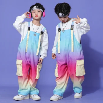 2022 Çocuk Performans Giyim Erkek Beyaz Kazak Gökkuşağı Jartiyer Takım Elbise Hip Hop Dans Kostümleri Caz Streetwear DQS11699