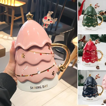 3D Noel Ağacı kapaklı kupa Kaşık Yaratıcı Seramik Büyük Kapasiteli Kahve Fincanı Ev Restoran Ofis Drinkware Mutfak Yeni