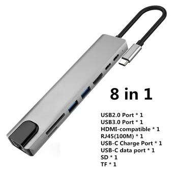 8 in 1 USB 3.0 Hub dizüstü bilgisayar adaptörü PC PD Şarj 8 Port dok istasyonu RJ45 HDMI - 4K TF / SD Kart İçin Macbook Tip-C Splitter