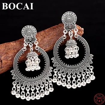 BOCAI S925 Ayar Gümüş Küpe Kadınlar için 2022 Yeni Moda Vintage Etnik Tarzı Geometrik Kulak Çıtçıt Saf Argentum Takı