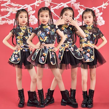 Caz Sahne Kostüm Çocuklar Çin Tarzı Baskılı Cheongsam Elbise Kız Hip Hop Sokak Dans Dansçı Parti Kıyafet Çocuk DNV11378