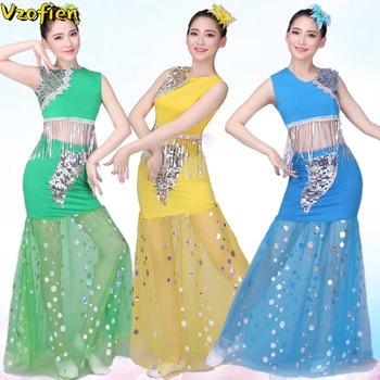 Dai dans kostümü Geleneksel Halk Çin Tavuskuşu Sahne Performansı Giyim Fishtail Etek Takım Elbise Festivali Kıyafet Hmong Elbise