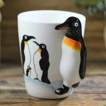 El-boyalı hayvan seramik fincan Sevimli penguen kahve fincanı 3D karikatür hediye kupa Kişilik kolu doğum günü hediyesi