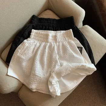 Elastik Bel Pilili Şort Kadın Geniş Bacak kısa pantolon Kore Streetwear Casual Yaz Şort Zarif Vintage Harajuku