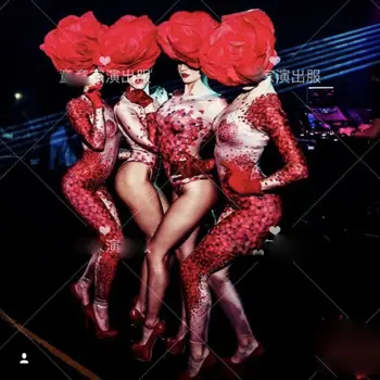 Gece kulübü şarkıcı dansçı romantik sevgililer Günü Kırmızı gül Aşk kalp baskı bar parti kız sahne dans gogo kostüm