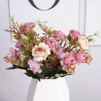 Gül Buketi Yapay Şakayık İpek Çiçekler DIY Pembe Ortanca Plastik Sahte Çiçekler Ev Düğün Dekorasyon Masa Centerpieces