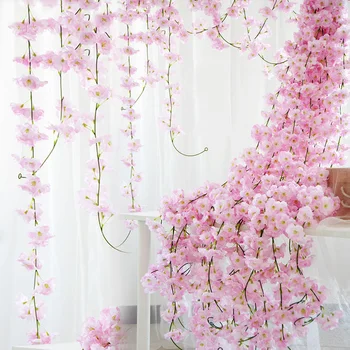 Ipek Yapay Kiraz Çiçeği Asma Asılı Çiçekler Duvar Dekorasyonu İçin Sahte Bitkiler Yapraklar Garland Romantik Düğün Ev Dekor