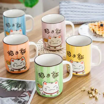 Japon tarzı sevimli sevimli karikatür seramik kaşıklı kupa kahvaltı kahve süt kupası seramik kupa japon fincan çay bardağı