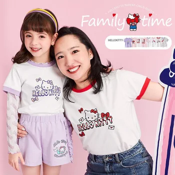 Kawaii Sanrio Hello Kitty Kız Kısa Kollu Karikatür Yaz Yeni T-Shirt Yuvarlak Boyun Nefes Aile Baskı Ebeveyn-çocuk Giyim