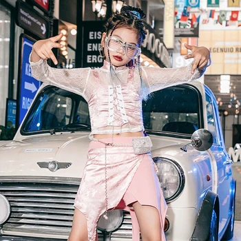 Kpop Kıyafet Kızlar Pembe Caz Dans Elbise dantel üstler Düzensiz Etek Sokak Dansı Hip Hop Giyim Festivali Giyim YS4103