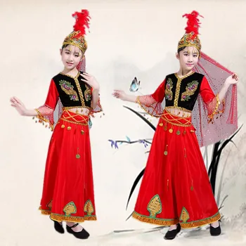 Kırmızı Sincan Uygur Milliyet Dans Kostümleri Kızlar İçin Festivali Sahne Performansı Giyim Klasik Prenses Küçük Elbise