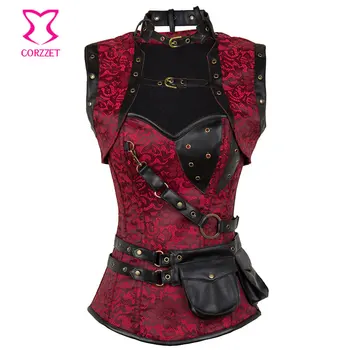 Kırmızı / Siyah Steampunk Korse Gotik Giyim Çelik Kemikli Seksi Korseler Ve Bustiers Vintage Burlesque Kostümleri Corselete Feminino