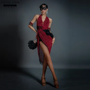 Latin Dans Elbise Kadın Seksi Derin V Yaka Dans Elbise Yetişkin Köpüklü Kadife Cha Cha Tango Sahne Kostüm
