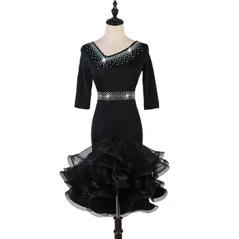 Latin Dans Elbise Parlak Siyah Sahne Elbise Dans Elbise Kadın Latin Samba Dans Sahne Kıyafeti Tango Performans Kostüm DQL2754