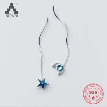 Moda Kadınlar 925 Gümüş Mavi Kristal Zirkon Yıldız Ay Zincir Püskül Damla Küpe Bayan Asimetri Parti Küpe Takı