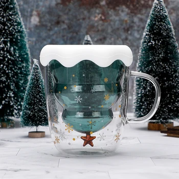 Net kırmızı Noel ağacı fincan ısıya dayanıklı çift cam su şişesi kahve fincanı kaşık yüksek güzellik hediye su bardağı yıldız dilek fincan