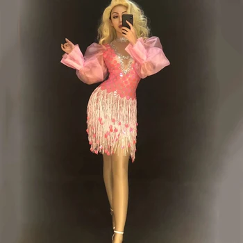Pembe Moda Püskül Puf Kollu Seksi Kadın Elbise Shining Sequins Sahne Şarkıcı Dans Kostüm Parti Kulübü Sürükle Kraliçe Giyim