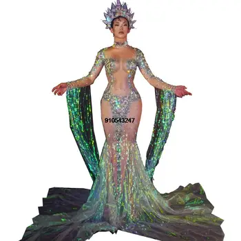 Rhinestone Sequins Parti Mermaid Uzun Elbise Kadın Streç Çıplak Kristal Püskül Akşam Şarkıcı Sahne Giyim