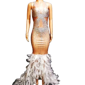 Rhinestones Yay Desen Baskı Tüyler Kat Uzunlukta Elbise Backless Fishtail Elbise Parti Kostüm Gece Kulübü Dans Giyim Kadın