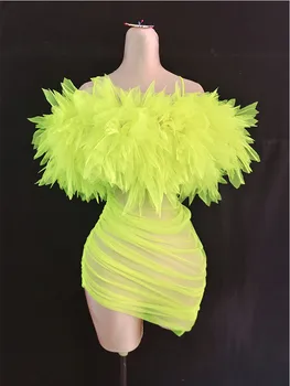 Ruffles Seksi Bar Şarkıcı Performans Kostüm Sahne Giyim Shinning Yeşil Pembe Renk Kadınlar Seksi Mesh See Through Bodycon uzun elbise