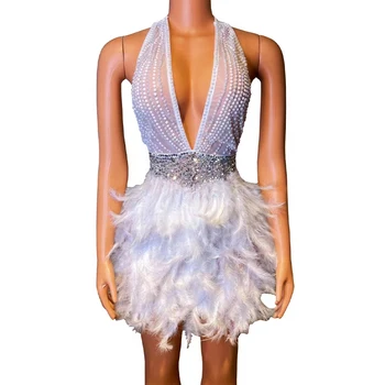 Seksi Sparkly Rhinestones Derin V Boyun Halter Tüy Elbise Şeffaf Kutlamak Akşam Balo Doğum Günü Elbise Kadın Kulübü Kostüm