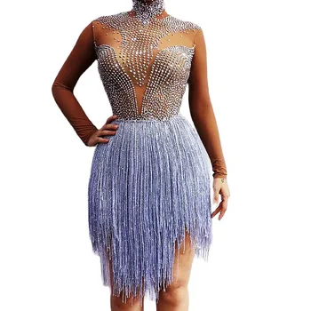 Sparkly Kakma Rhinestones Püskül Kadın Elbise Uzun Kollu Bodycon Kısa Elbiseler Gece Kulübü Kıyafet Doğum Günü parti giysileri