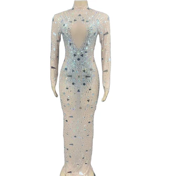 Sparkly Rhinestones Hollow Out Geometrik Grafik Baskı Elbiseler Sıkı Bölünmüş Asimetrik Spandex Kadın Elbise Gece Kulübü Kıyafeti