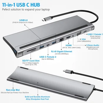 USB C Hub Tipi C Adaptörü 11 in 1 87 w Şarj Portu 4 K HD VGA SD TF Kart Okuyucu 4 USB3 0 Limanlar