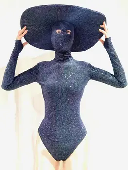 Uzun Kollu Tam Taşlar Siyah Bodysuit Büyük Şapka Kadın Şarkıcı Dans Balo Gece Kulübü Kıyafet Doğum Günü Gösterisi Kostüm Akşam