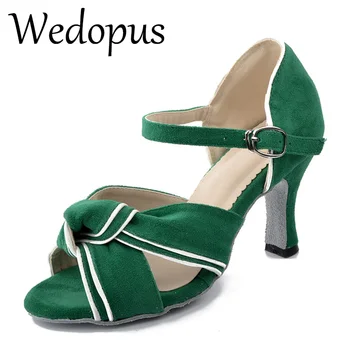 Wedopus Yeşil Latin Dans Kadın Ayakkabı Sandalet Peep Toe Orta Topuk Sandalet