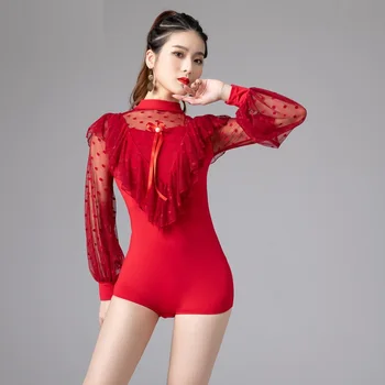 X156 Latin Dans Tulum Bayan Dans Üst kadın Yeni Modern Dans Bluz Vals Balo Salonu Dans Gömlek Uzun Kollu Tulum