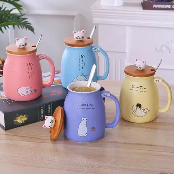 Yaratıcı Seramik Kedi kapaklı kupa Ve Kaşık Kahve Fincanı Kahvaltı Süt Çay Bardağı Komik Karikatür Kupa Drinkware Yenilik Hediyeler