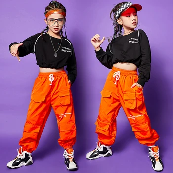 Yeni Hip-Hop dans kostümü Çocuklar Kazak Turuncu Hiphop Pantolon Caz Performansı Giyim Sokak Dans Kıyafeti Rave Giyim SL4231