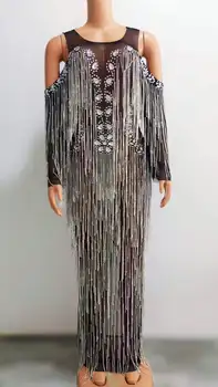 Yeni Seksi Parlak şeffaf ağ Kristaller Zincirler uzun elbise Doğum Günü Akşam Kutlamak Rhinestones See Through Kostüm