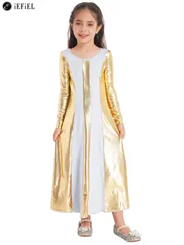 Çocuk Kız Metalik Liturjik Övgü Dans Elbise Uzun Kollu Lirik Kilise İbadet Kostüm Tam Boy Renk Blok Giyim