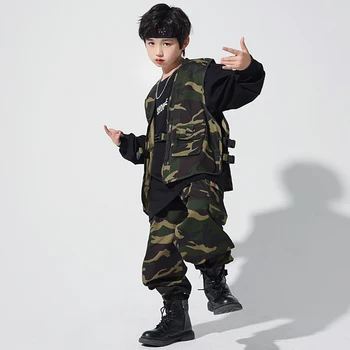 Çocuklar Genç Kpop Kıyafet Hip Hop Giyim Camo Taktik Yelek Kargo Pantolon Kız Erkek Caz dans kostümü Sokak Giyim