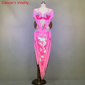 Özelleştirmek Oryantal Dans Performansı Kostüm Püskül Sutyen Seksi Bölünmüş Pullu Glitter Etek Seti Oryantal Hint Davul Dans Sahne Giyim